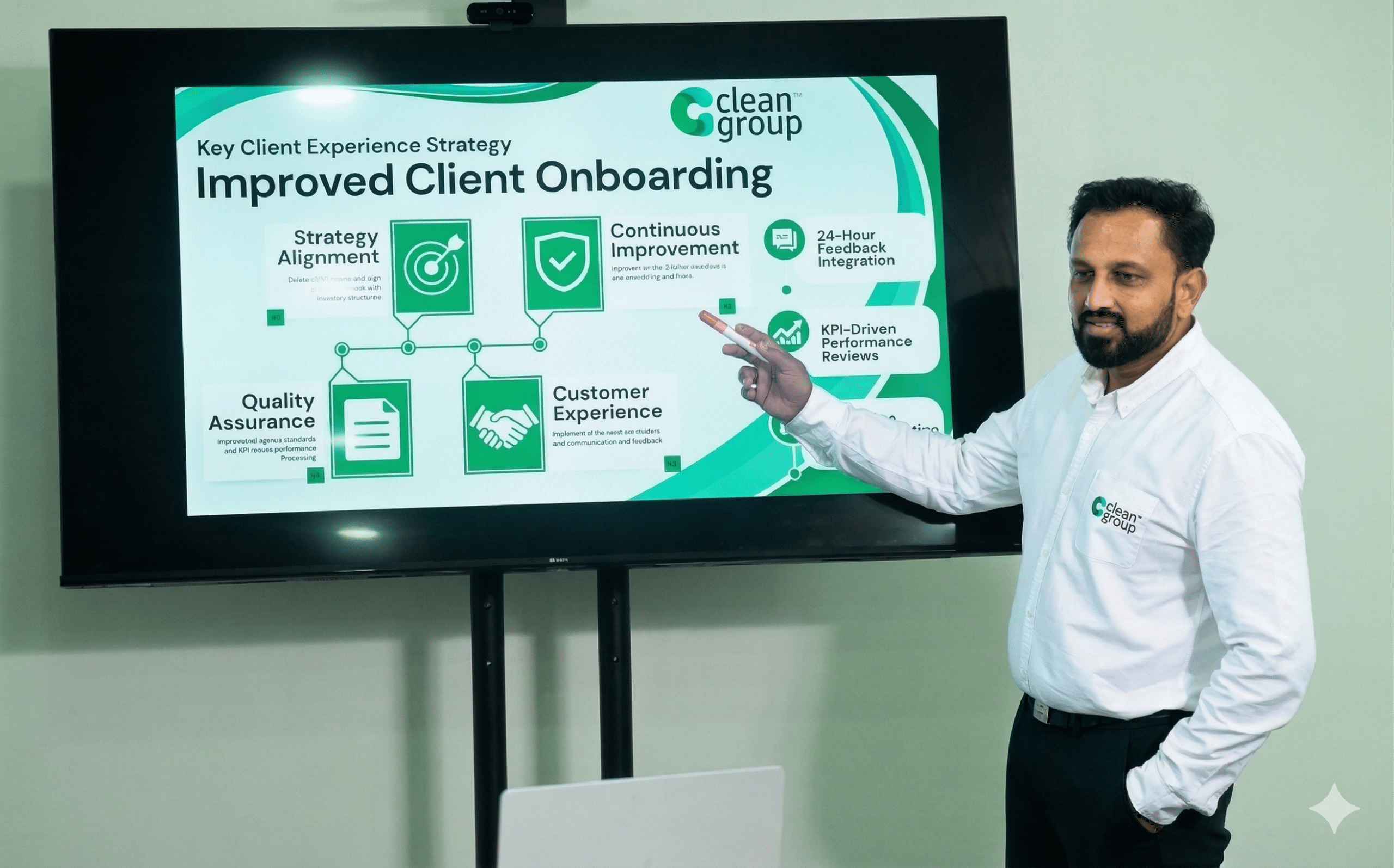 Suji Siv Training staff on client onboarding