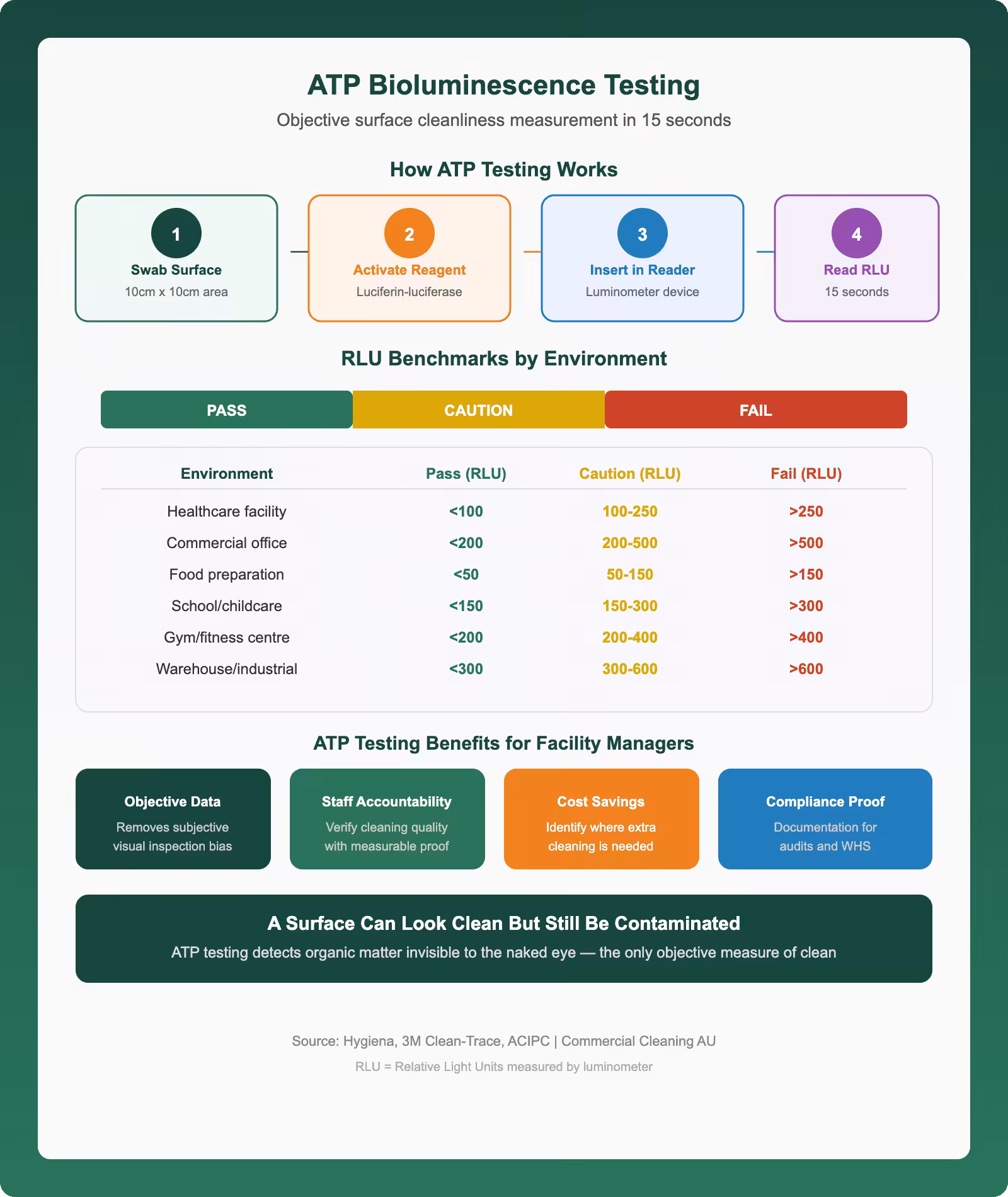 ATP bioluminescence testing infographic showing how surface cleanliness measurement works RLU benchmarks by environment type and benefits for commercial facility managers