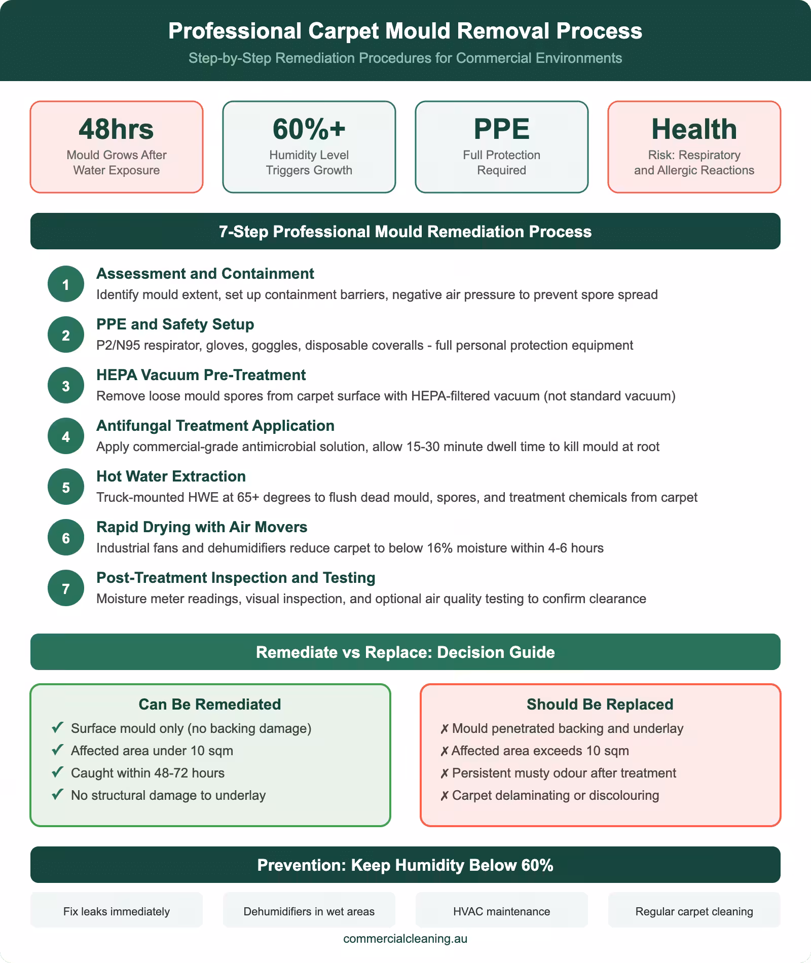 Professional carpet mould removal process infographic showing 7-step remediation procedure decision guide for replacing vs remediating and prevention tips for commercial environments