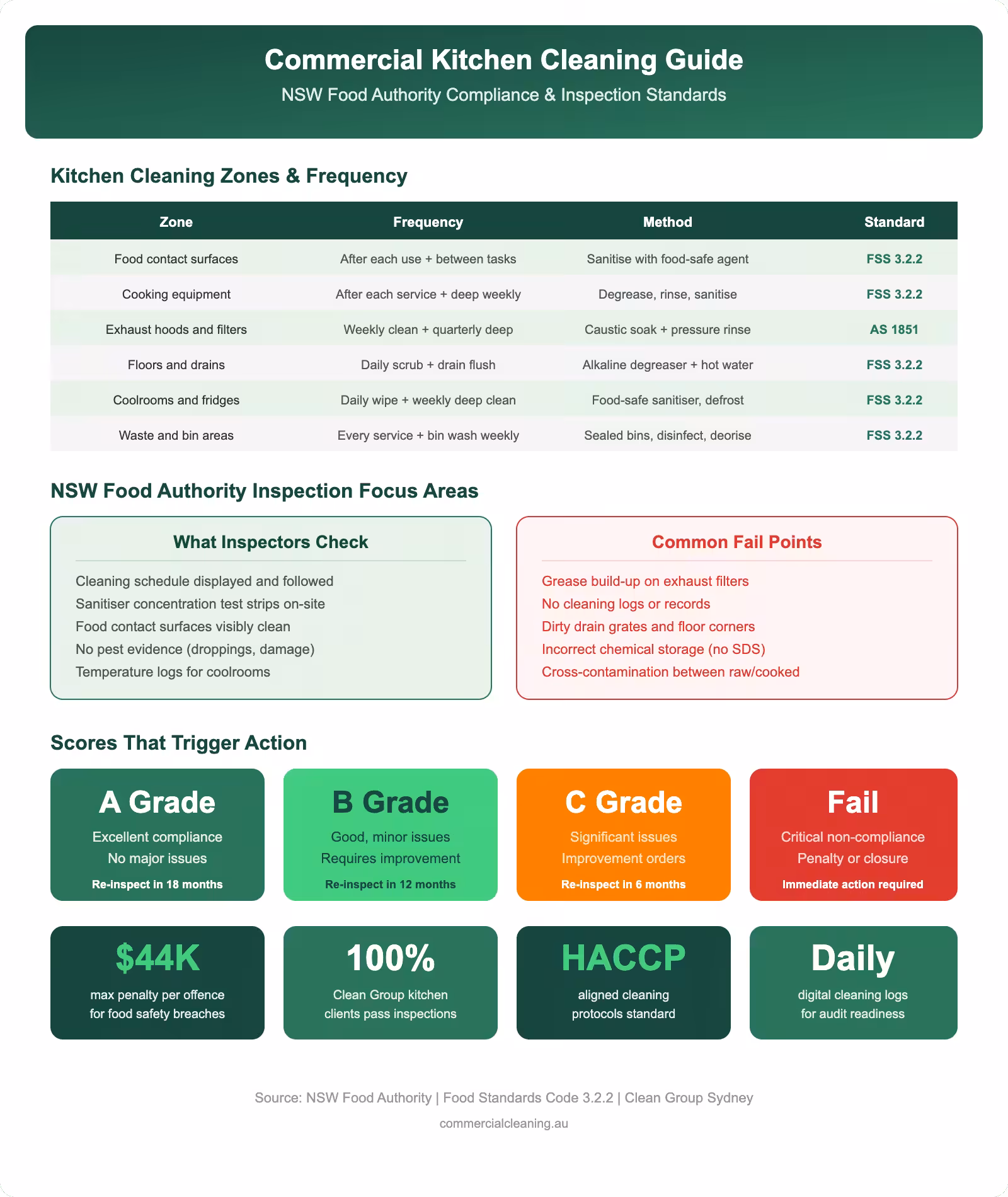 Commercial kitchen cleaning guide infographic showing NSW Food Authority compliance zones inspection focus areas grading system and penalty information