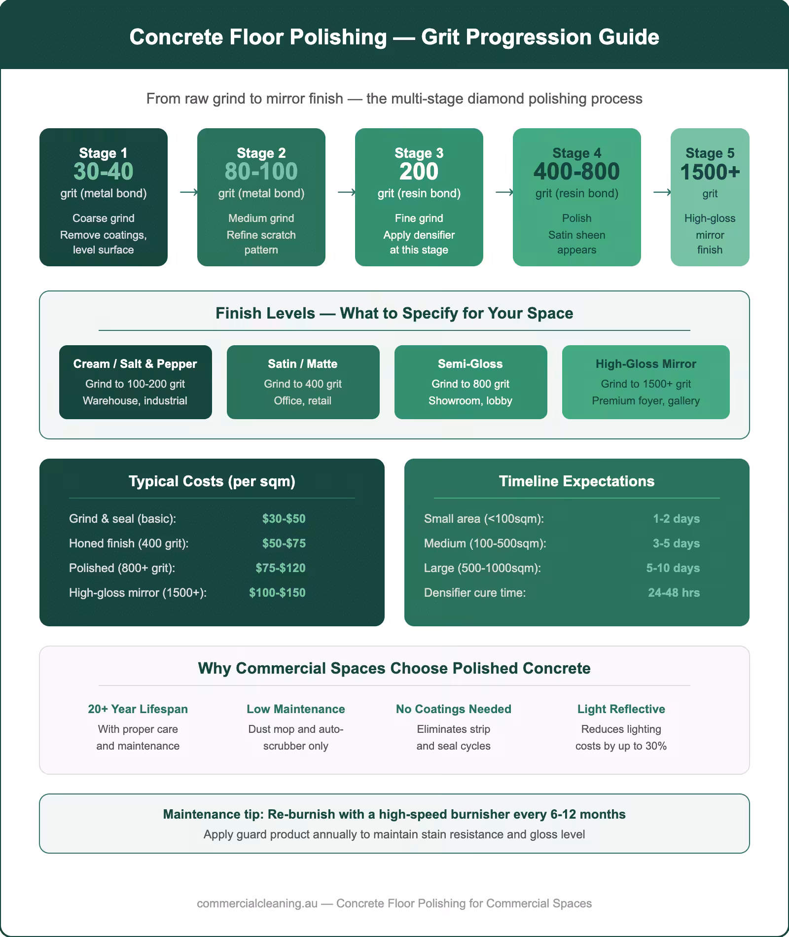 Concrete floor polishing grit progression guide showing five stages from coarse grind to mirror finish with costs, timelines, and finish level specifications
