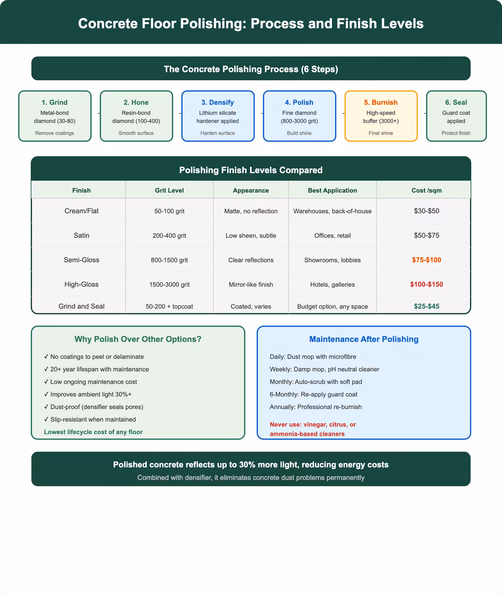 Concrete floor polishing process and finish level comparison guide for commercial spaces