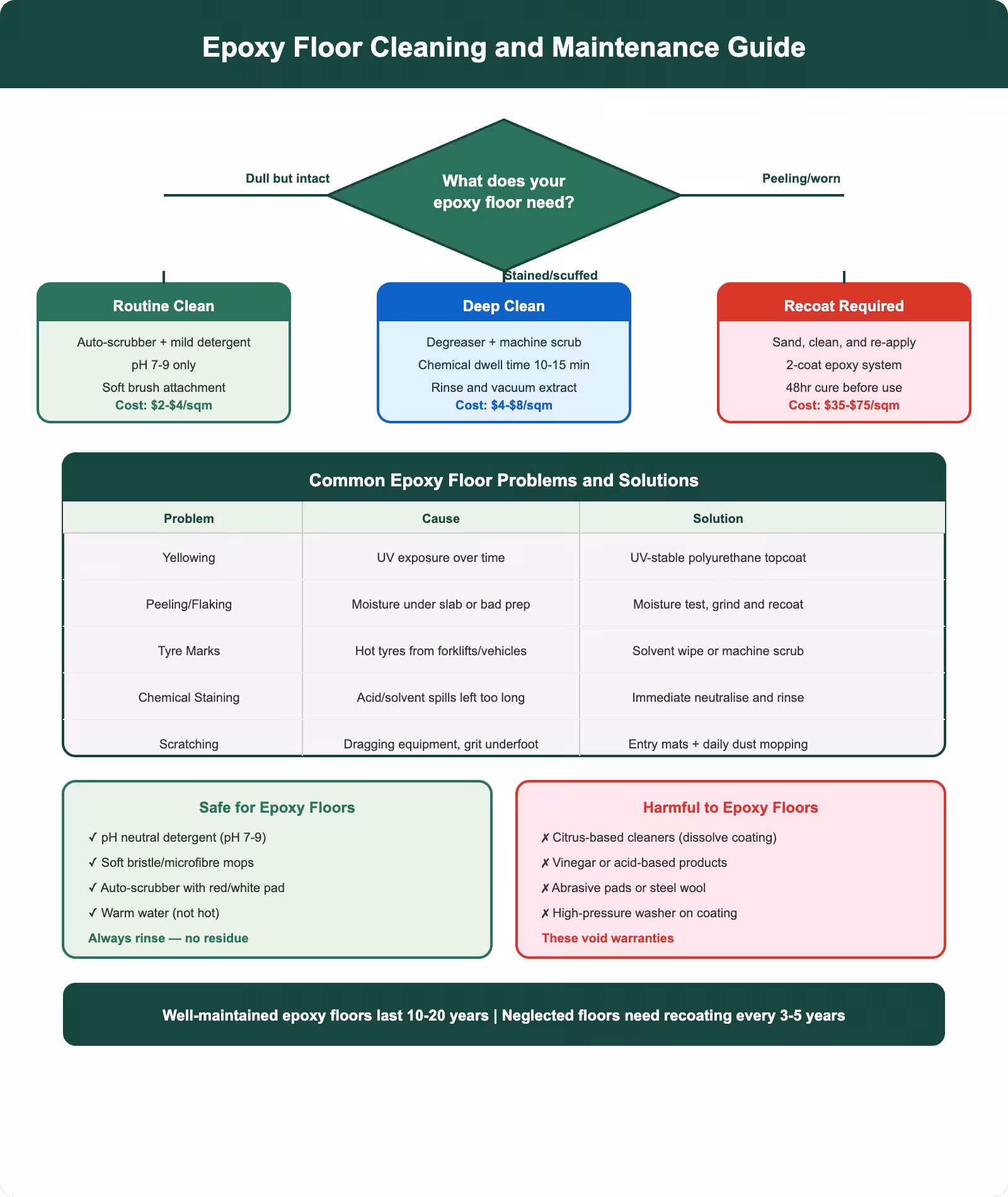Epoxy floor cleaning and maintenance guide with decision flowchart, common problems and safe products