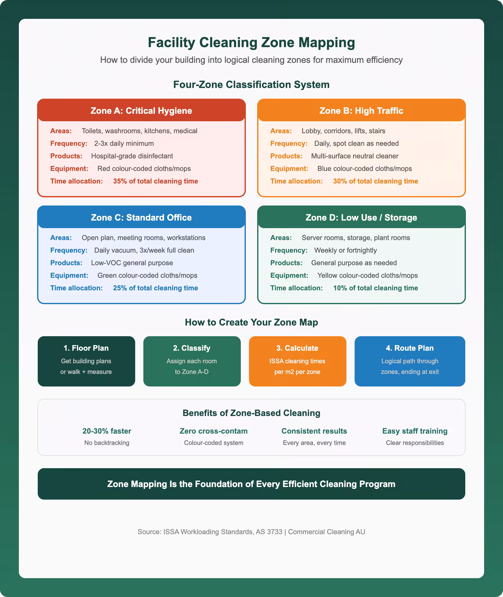 Facility cleaning zone mapping infographic showing four-zone classification system from critical hygiene to low use with colour coding time allocation and zone creation process