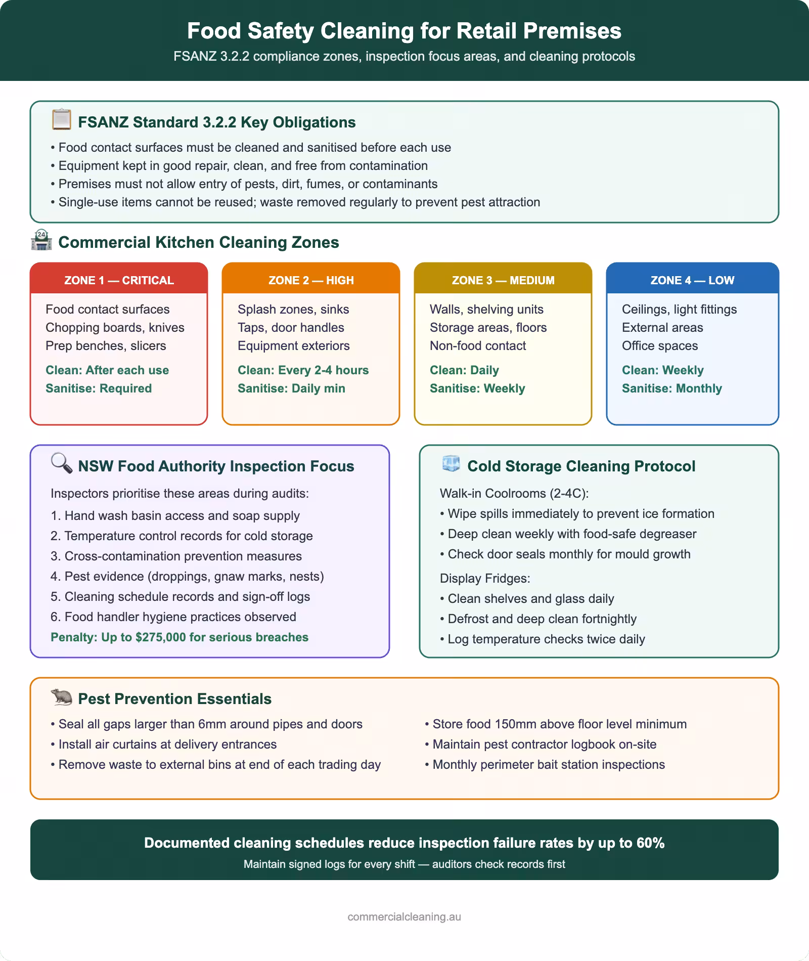 Food safety cleaning guide for retail premises showing FSANZ 3.2.2 obligations, kitchen cleaning zones, inspection focus areas, cold storage protocols, and pest prevention