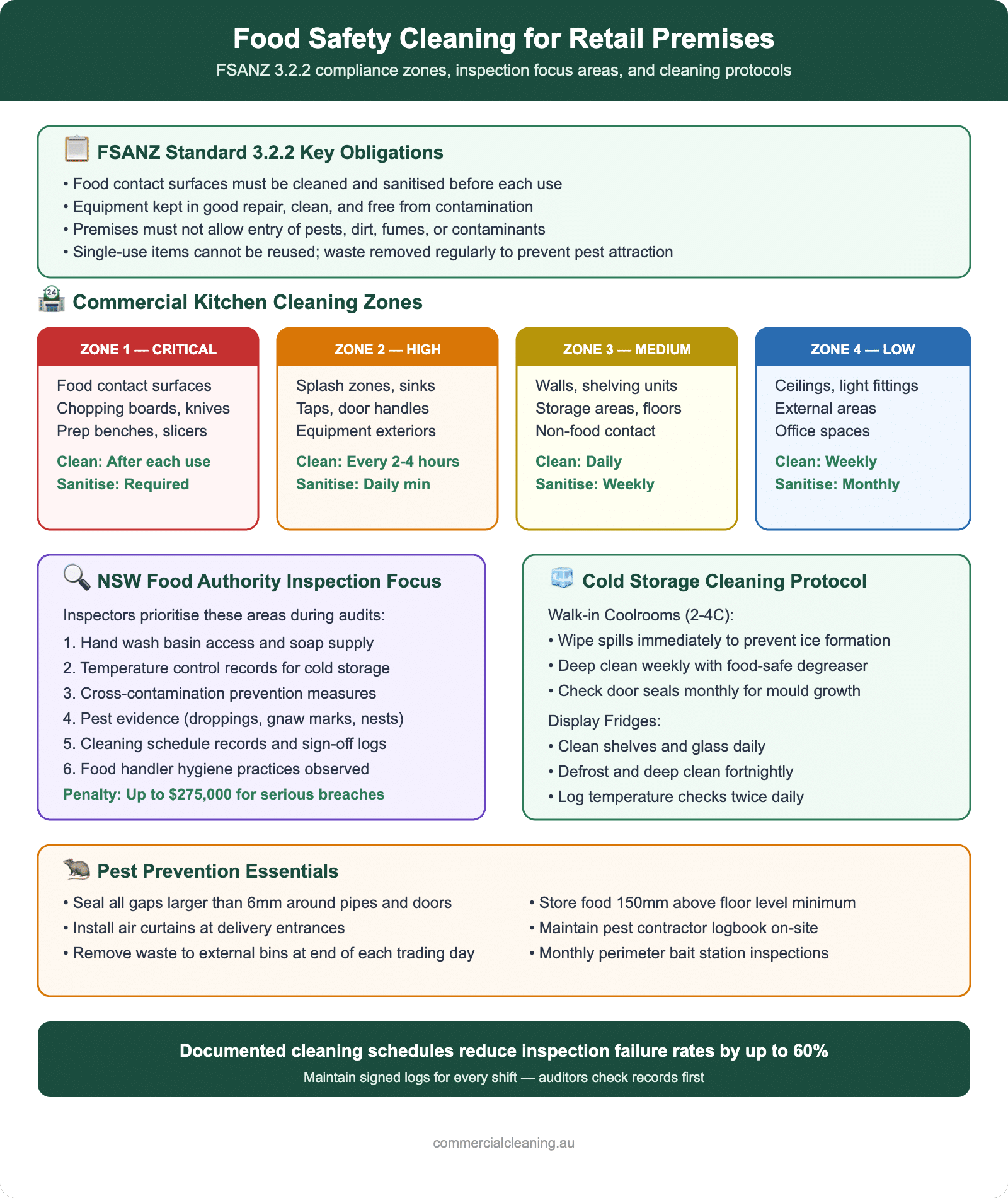 Food safety cleaning guide for retail premises showing FSANZ 3.2.2 obligations, kitchen cleaning zones, inspection focus areas, cold storage protocols, and pest prevention