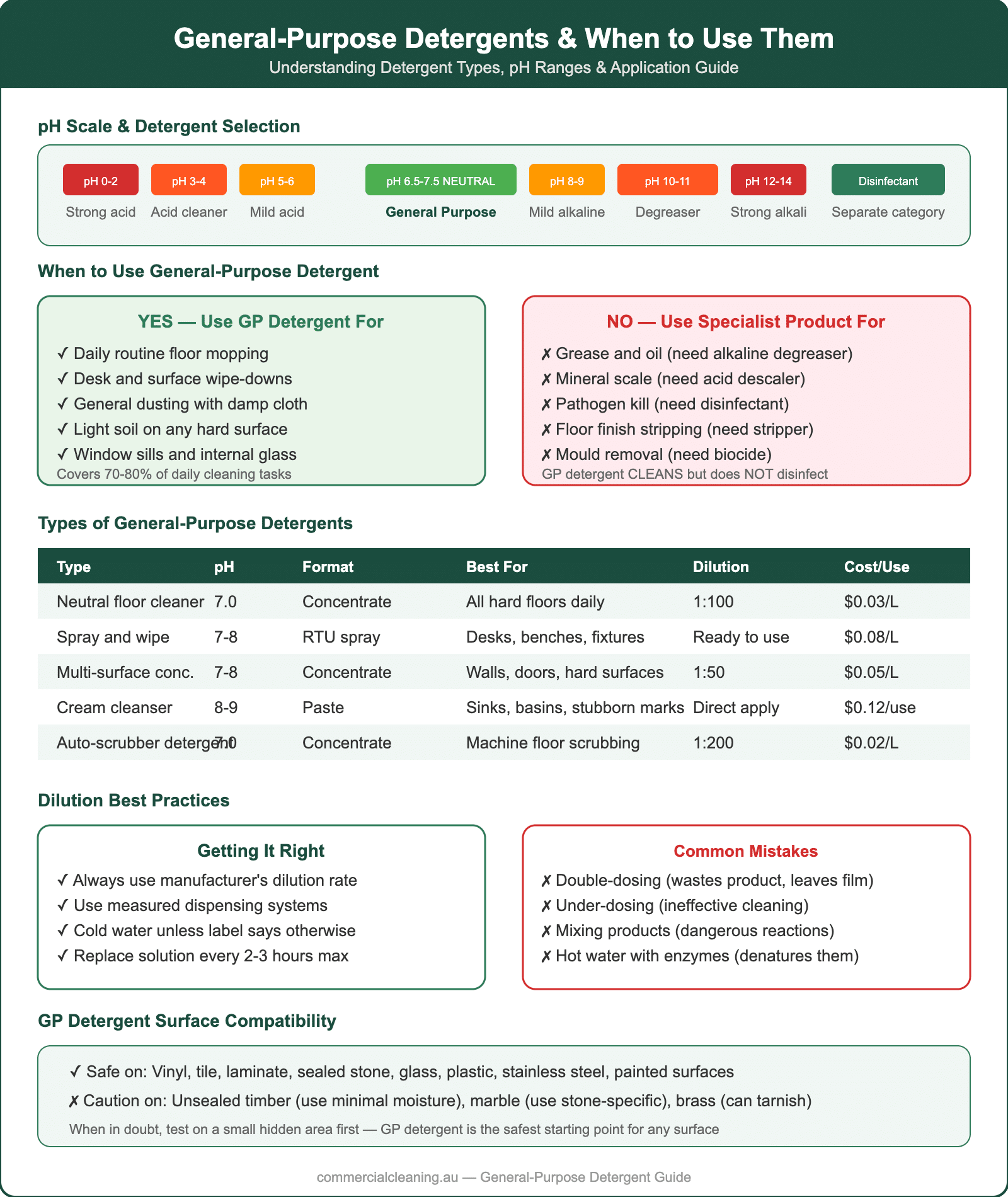General-purpose detergent guide showing pH scale, when to use vs specialist products, detergent types with costs, dilution best practices, and surface compatibility