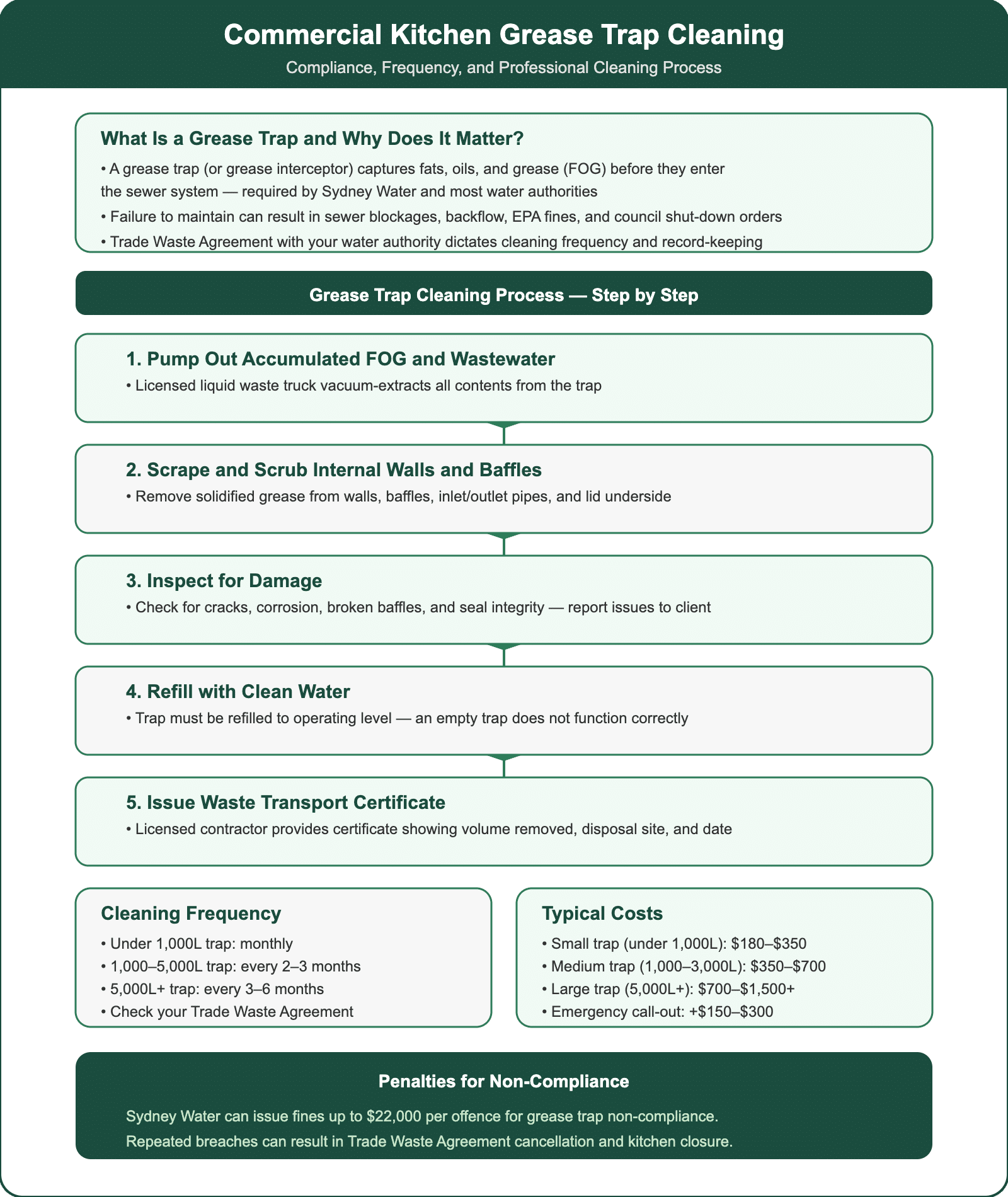 Commercial kitchen grease trap cleaning process showing pump-out, scrubbing, inspection, refill, certification, frequency, costs, and compliance penalties