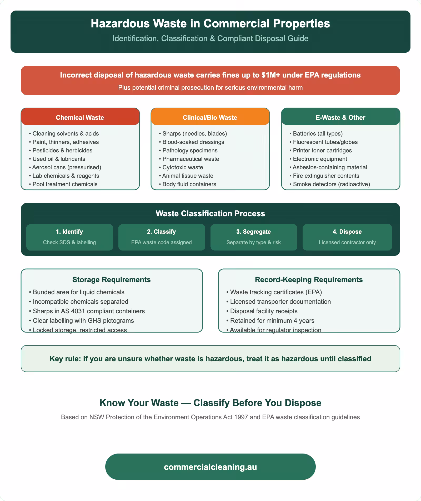 Hazardous waste identification and classification for commercial properties showing chemical, clinical, and e-waste categories with disposal process and storage requirements