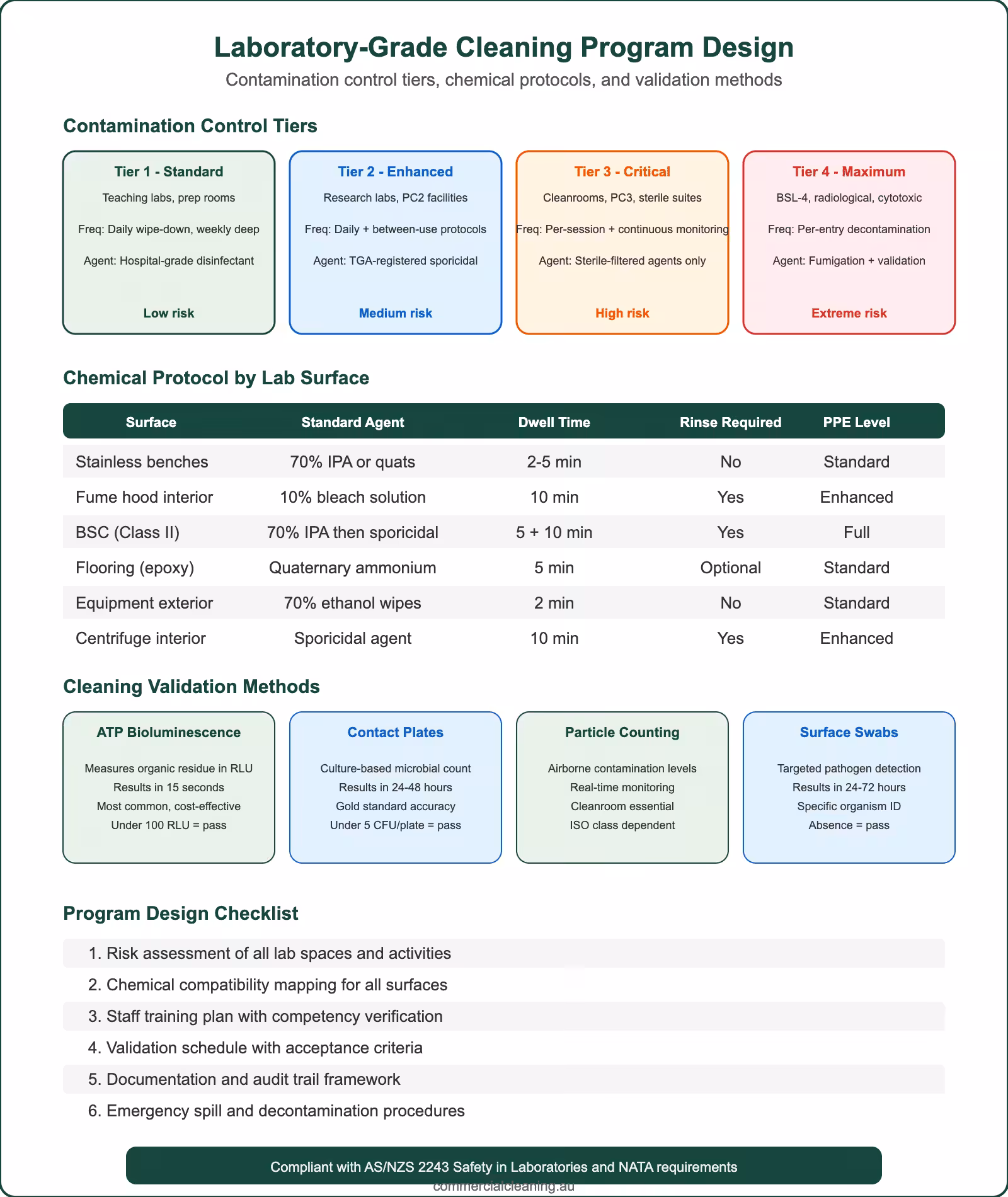 Laboratory-grade cleaning program design infographic showing contamination tiers chemical protocols validation methods and design checklist