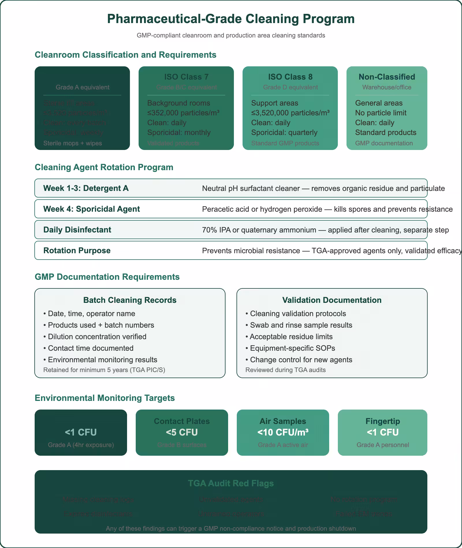 Pharmaceutical-grade cleaning program showing cleanroom classifications, agent rotation schedule, GMP documentation, and environmental monitoring targets