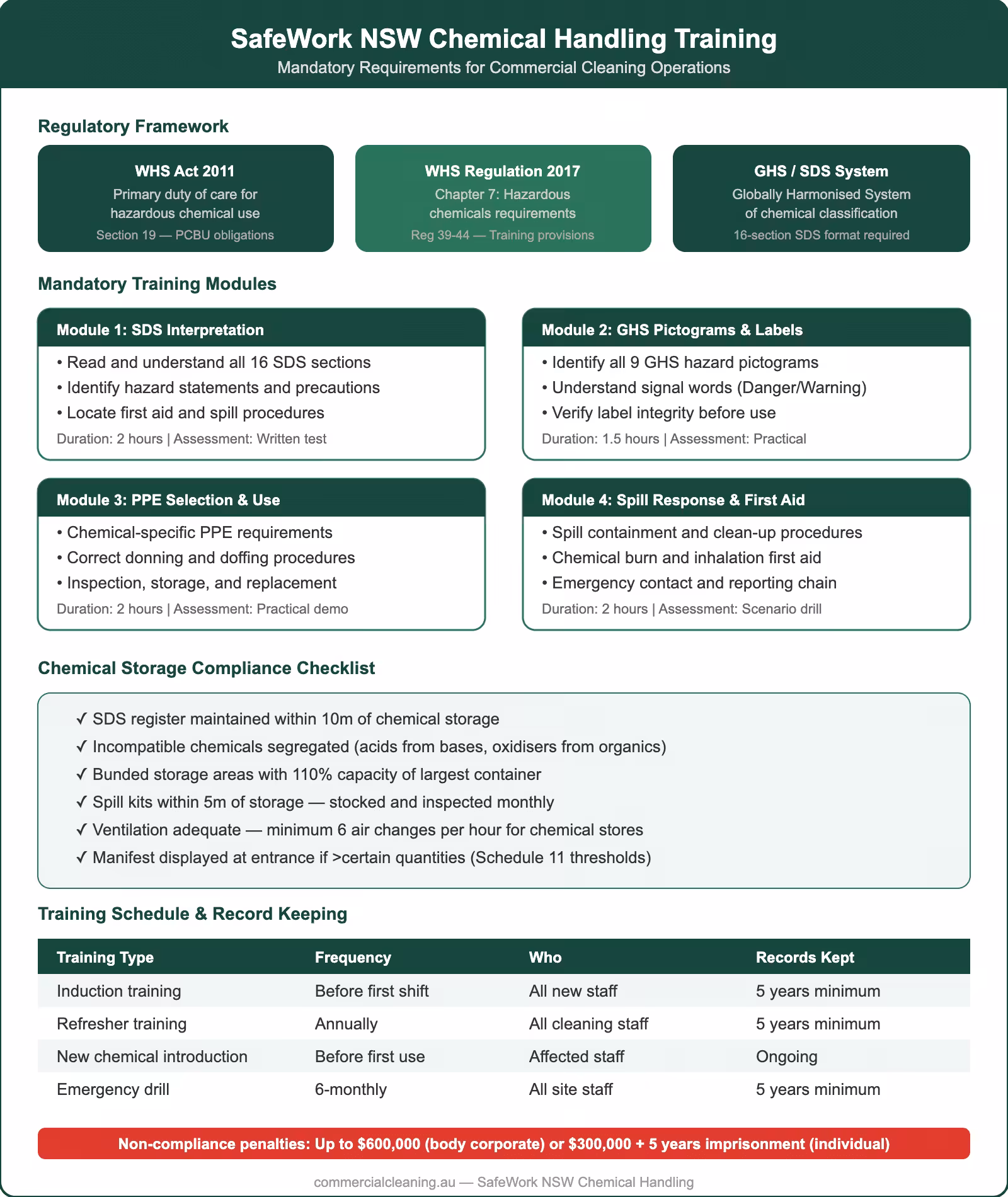 SafeWork NSW chemical handling training requirements showing regulatory framework, four mandatory training modules, storage compliance checklist, and training schedule