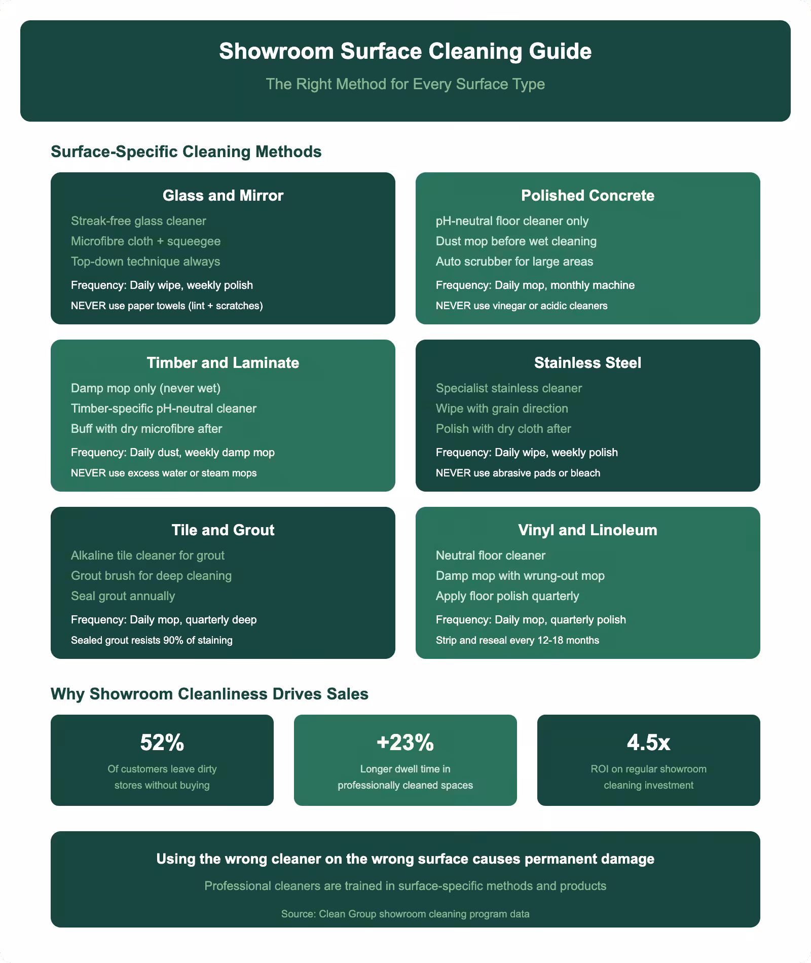 Showroom surface cleaning guide infographic showing correct methods for glass polished concrete timber stainless steel tile and vinyl with sales impact statistics