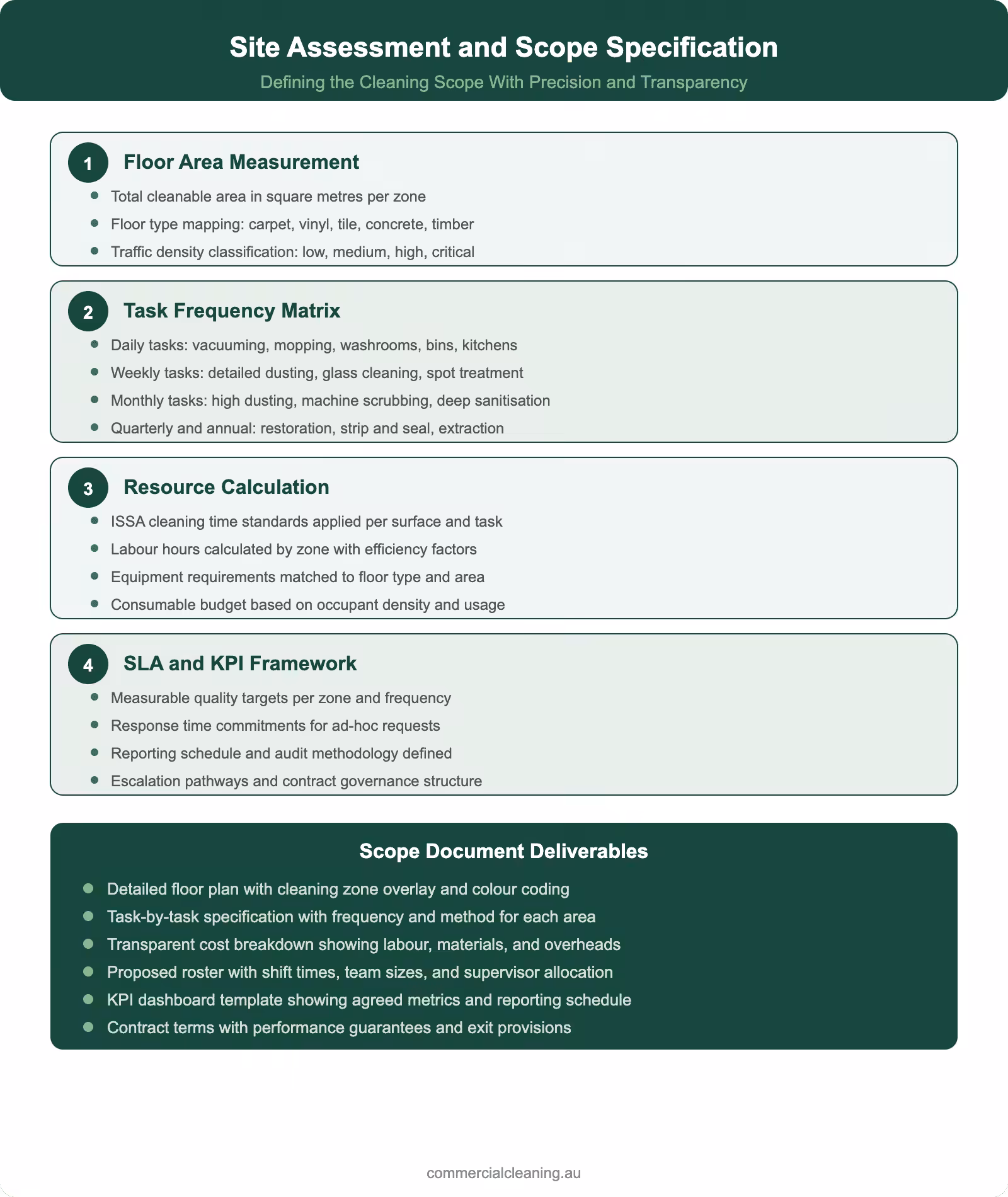 Site assessment and scope specification infographic showing four components from floor measurement to SLA framework with deliverables