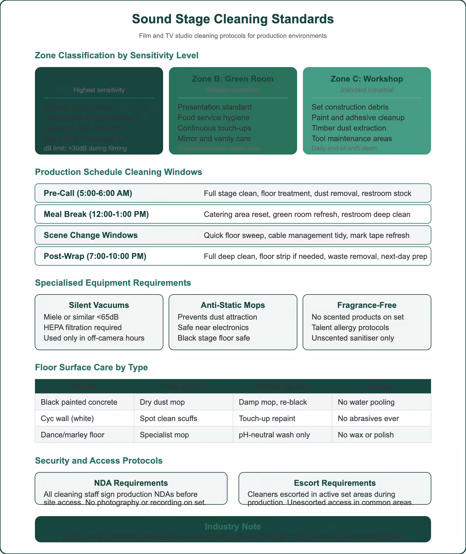 Sound stage cleaning standards for film and TV studios showing zone classifications, production schedule windows, equipment requirements, and floor care protocols