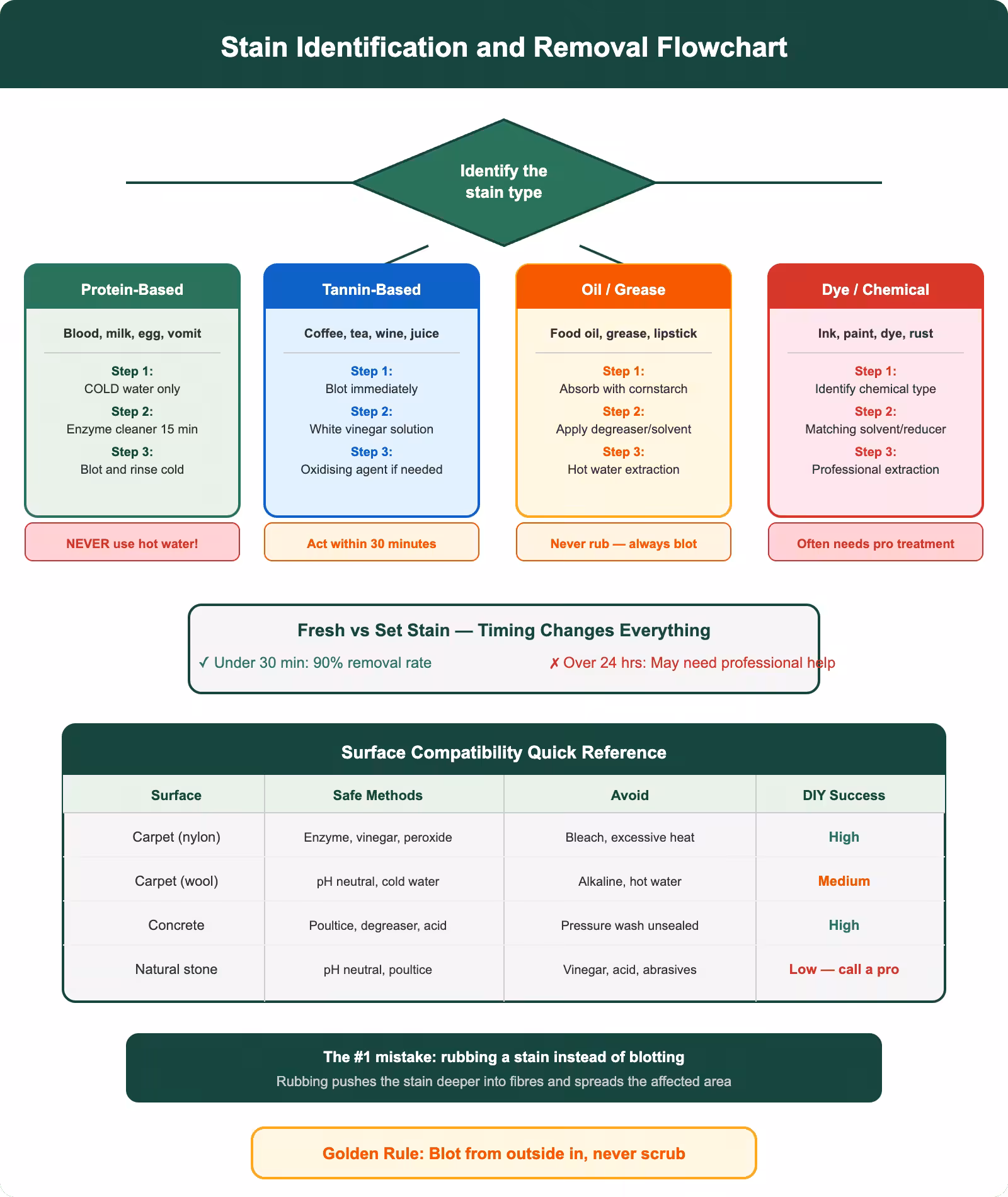 Stain identification and removal flowchart showing treatment methods for protein, tannin, oil and dye stains