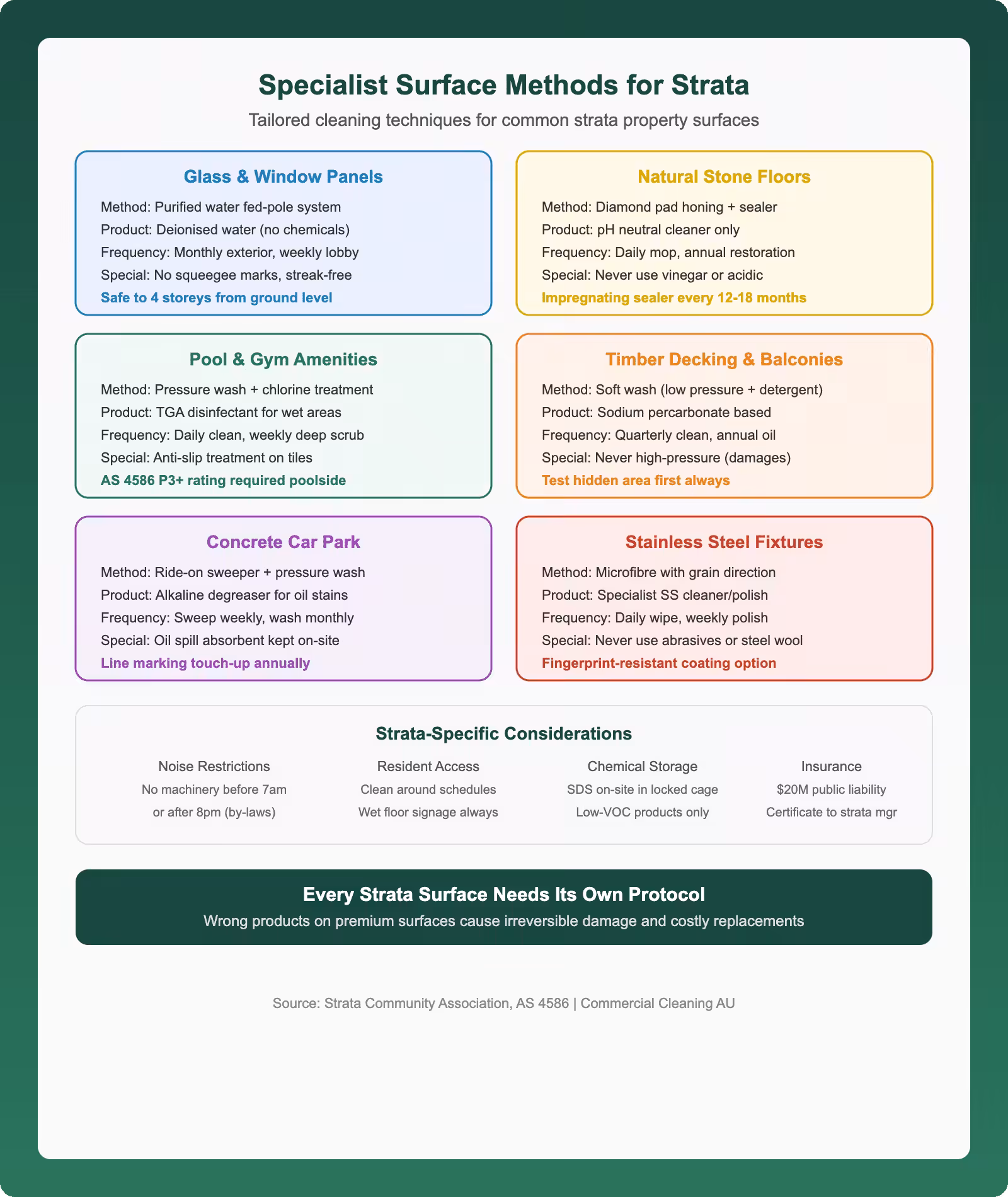 Specialist surface cleaning methods for strata properties infographic showing techniques for glass natural stone pool areas timber decking concrete and stainless steel