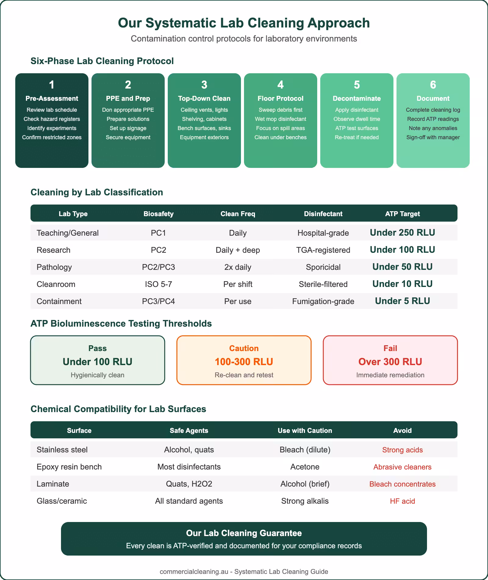 Systematic lab cleaning approach infographic showing six-phase protocol lab classification requirements ATP testing thresholds and chemical compatibility