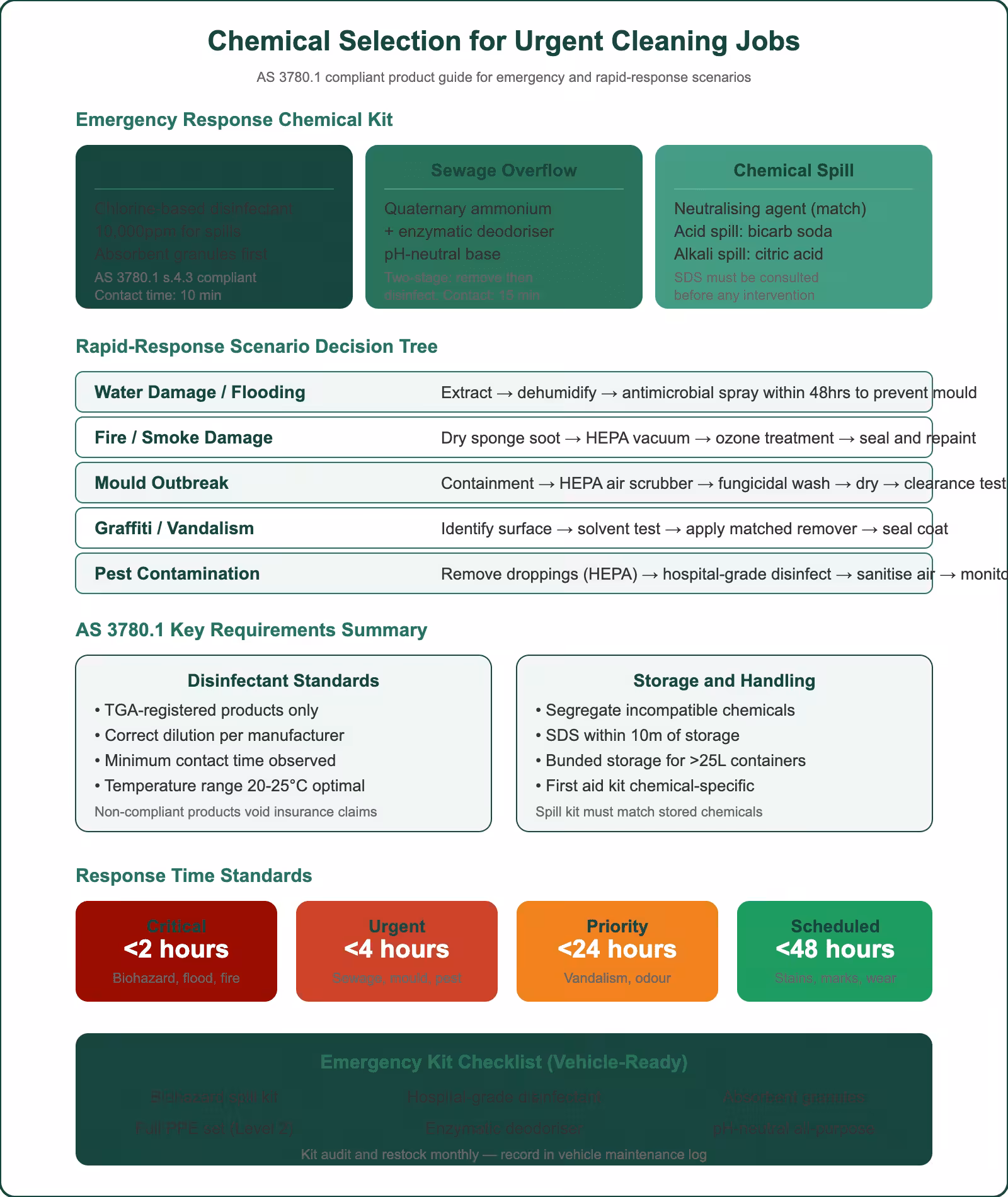 Chemical selection guide for urgent cleaning jobs showing emergency response kits, scenario decision tree, AS 3780.1 requirements, and response time standards