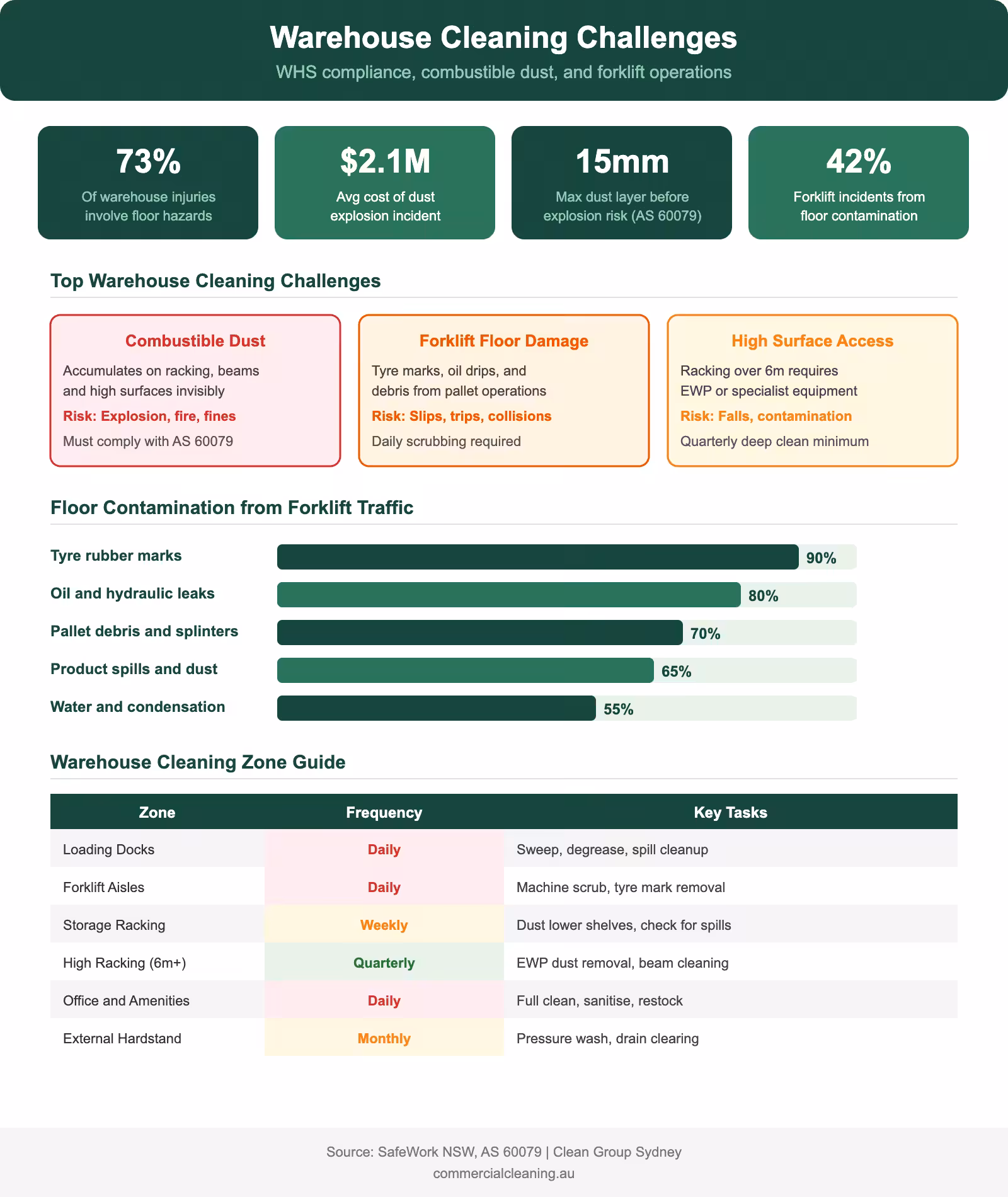 Warehouse cleaning challenges infographic showing combustible dust risks forklift floor contamination types and cleaning zone frequency guide for WHS compliance