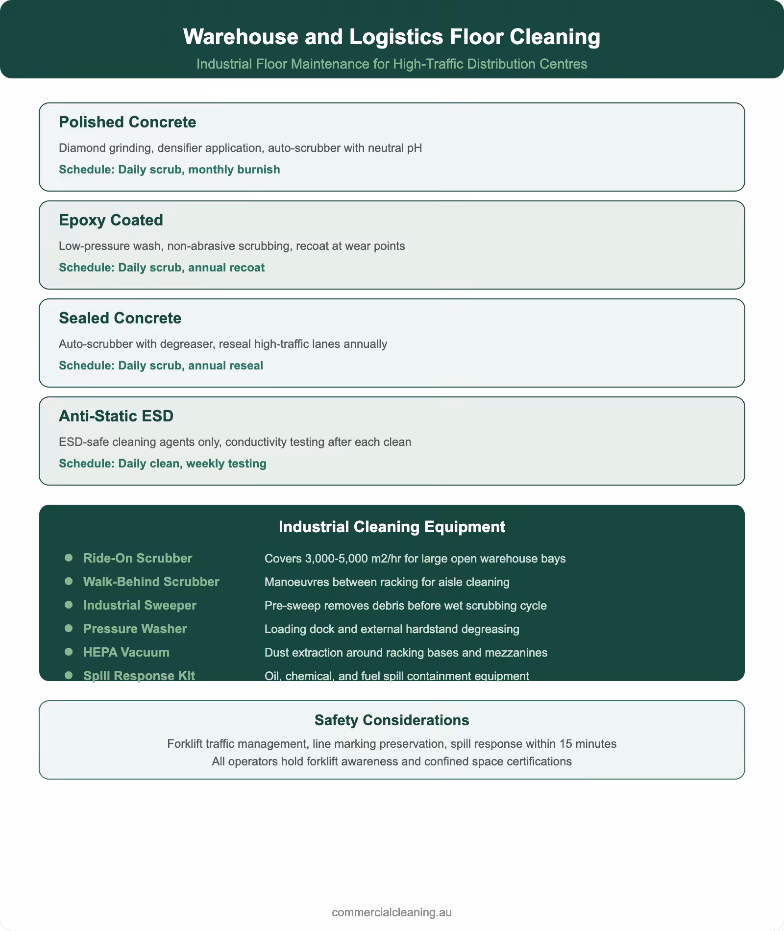 Warehouse and logistics floor cleaning infographic showing floor types cleaning methods industrial equipment and safety considerations