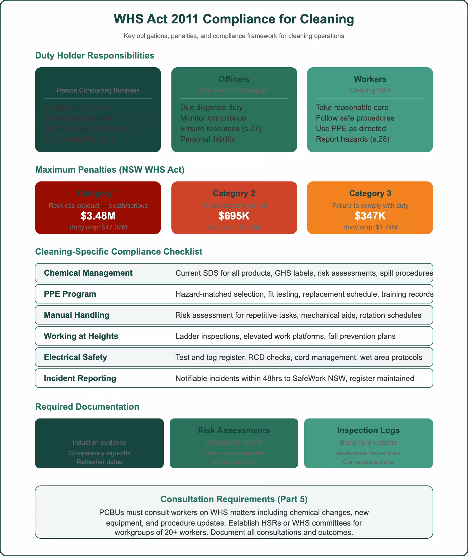 WHS Act 2011 compliance guide for cleaning operations showing duty holder responsibilities, penalty categories, compliance checklist, and documentation requirements