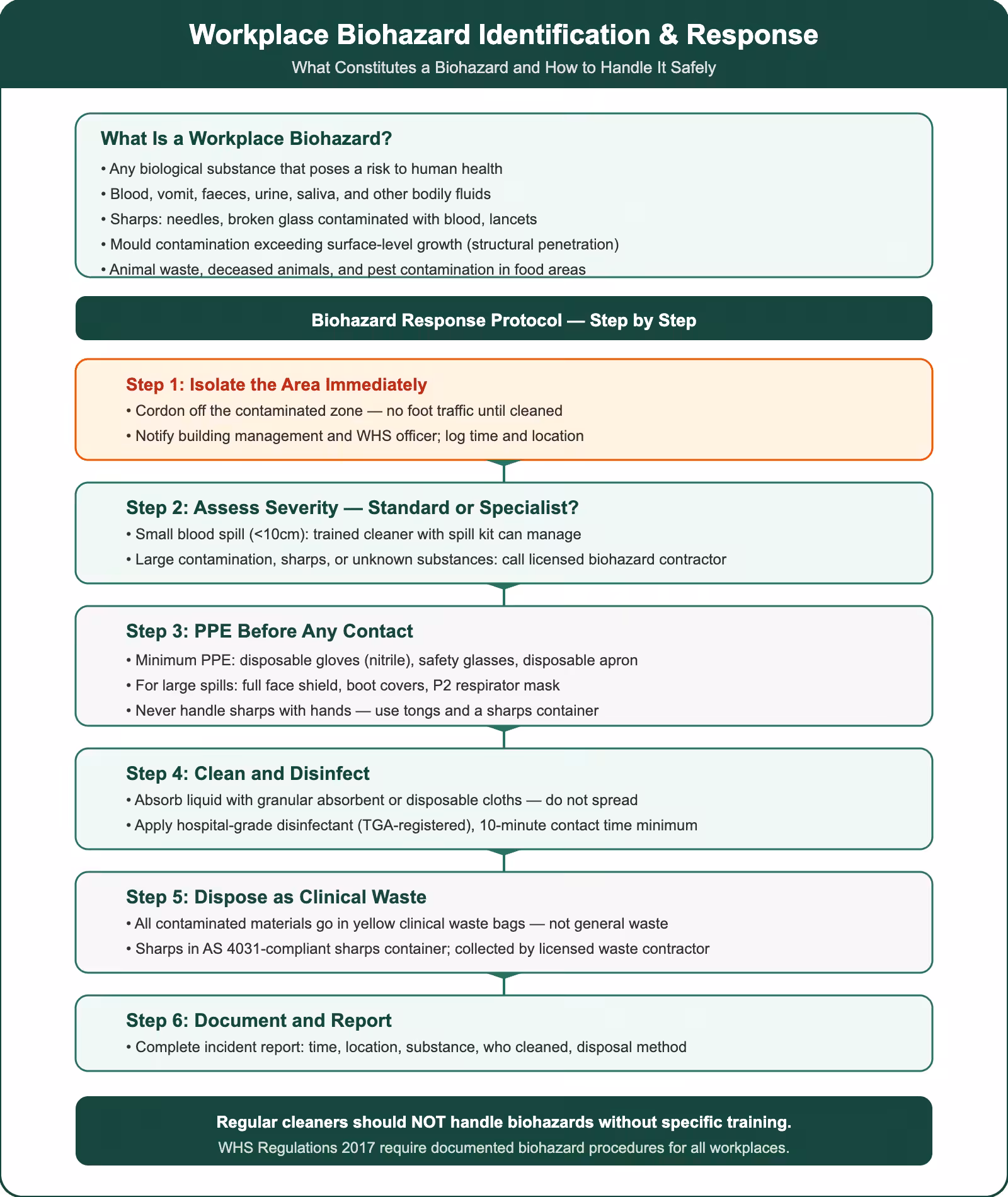Workplace biohazard identification and response protocol covering what constitutes a biohazard, 6-step response procedure, PPE requirements, and clinical waste disposal