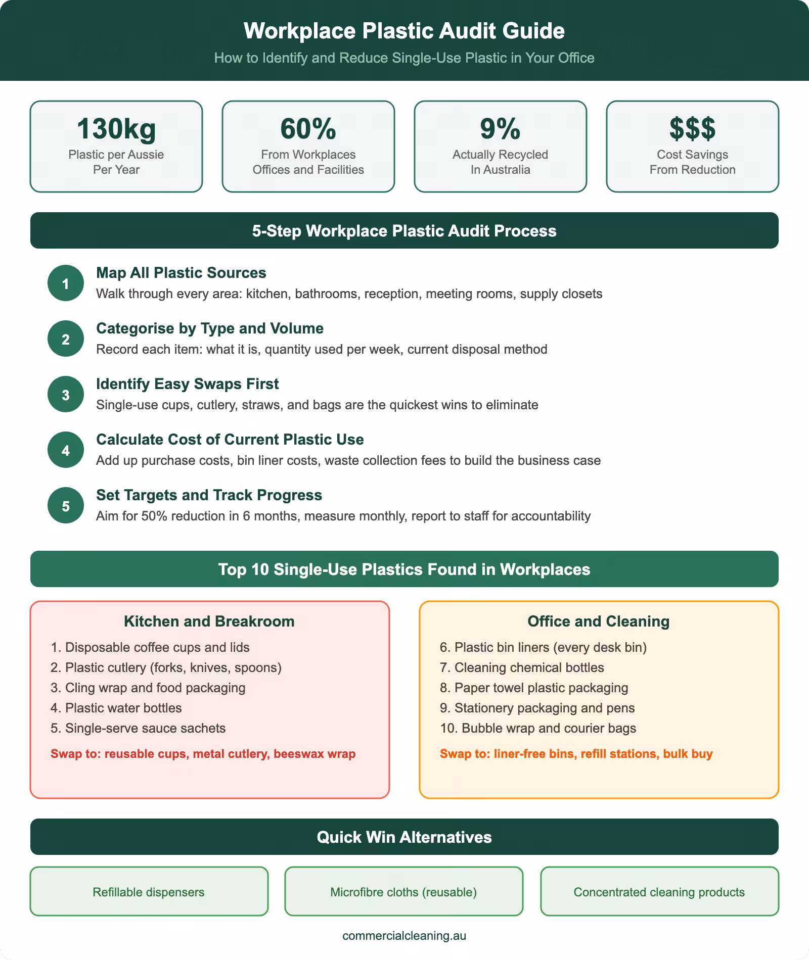 Workplace plastic audit guide infographic showing 5-step audit process top 10 single-use plastics found in offices and sustainable alternatives for Australian workplaces