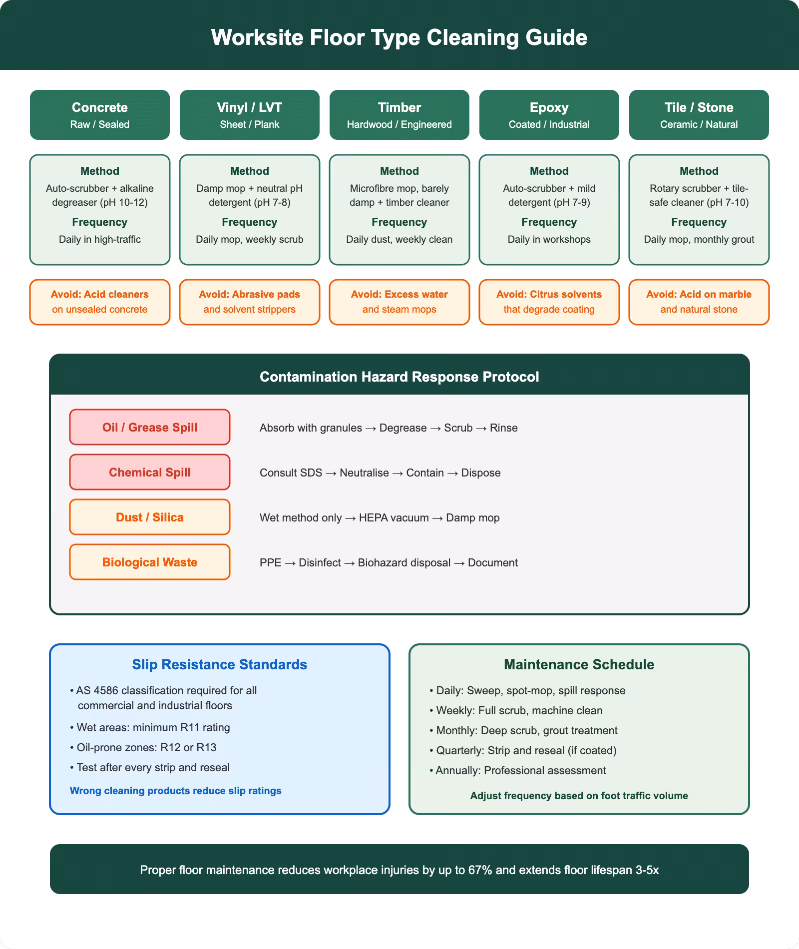 Worksite floor type cleaning guide comparing methods for concrete, vinyl, timber, epoxy and tile floors